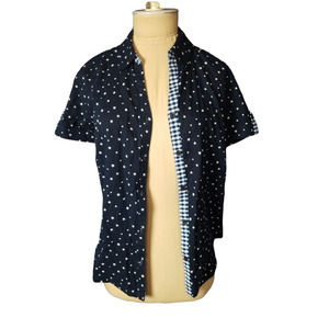 Erika Navy Blue White Stars Button Down Blouse Petite Small